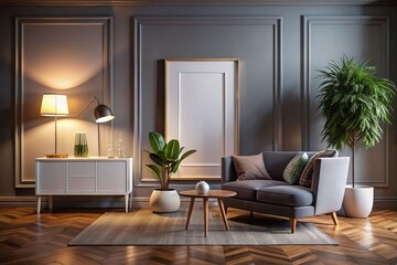 Fototapeta premium Elegant Living Room Interior Design with Mockup Poster on Wall, Featuring Large Picture Frame Decoration in Soft Low Light Photography for Stylish Home Ambiance