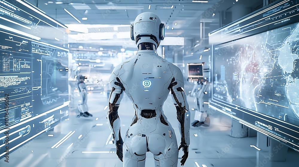 Aufkleber Futuristic cybernetic human with robotic limbs standing in a high tech city surrounded by advanced digital holograms and displays depicting the of technology and the human form in the future