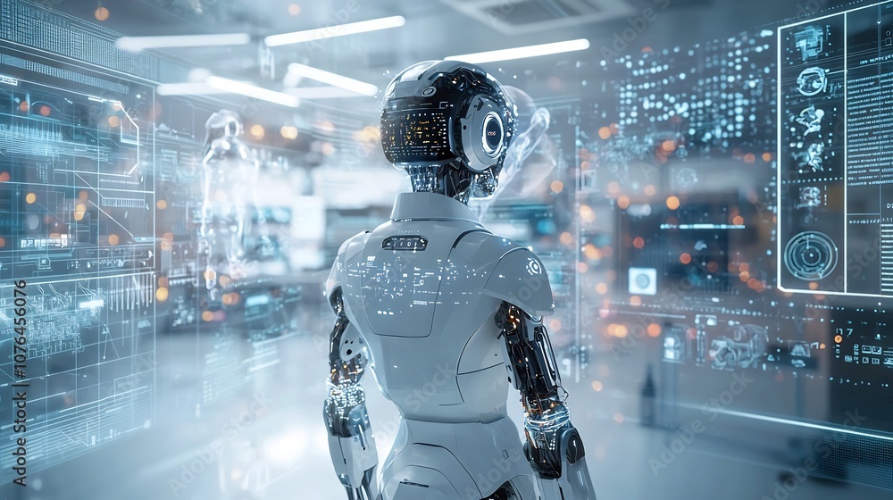 Poster cybernetic human with robotic limbs standing in a futuristic high tech city surrounded by advanced h