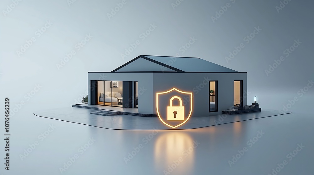 Poster Glowing digital shield and padlock icon overlaying a modern smart home symbolizing advanced and secure home protection technology  Concept of home automation cybersecurity