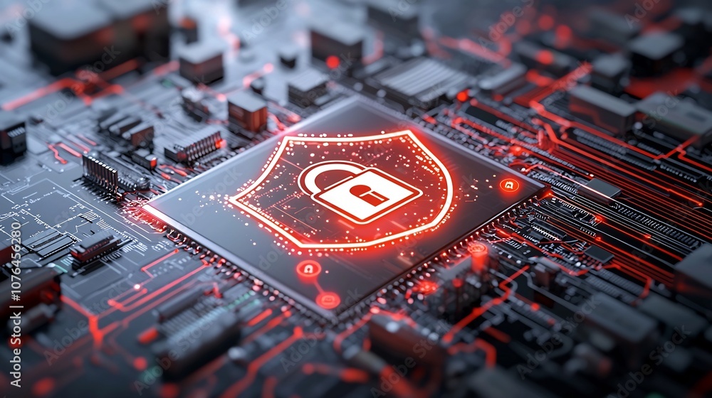 Poster A futuristic and secure smart home system with a glowing lock and shield icon overlay highlighting the advanced digital protection features and cutting edge home automation technology