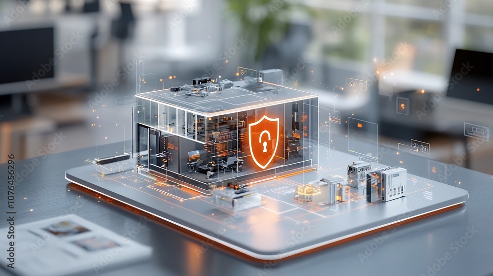 Poster Secure and Intelligent Smart Home System with Glowing Lock and Shield Icons Highlighting Advanced Digital Protection and Automation Features