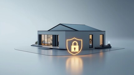 Glowing digital shield and padlock icon overlaying a modern smart home symbolizing advanced and secure home protection technology  Concept of home automation cybersecurity