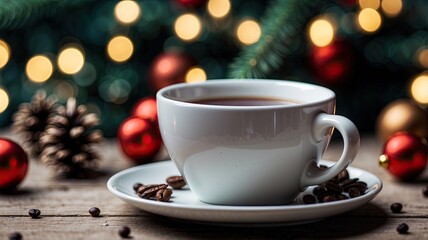 white ceramic cup with black coffee chrismas decoration