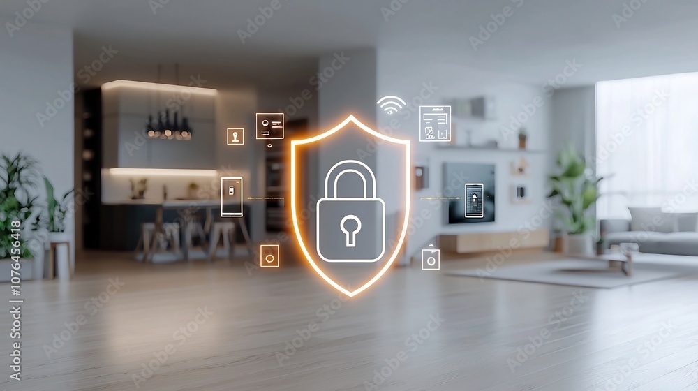 Poster Cutting Edge Smart Home Security and Privacy Symbolized by Padlock and Shield Icon   Futuristic Home Automation and Cybersecurity Concept with Modern Technology