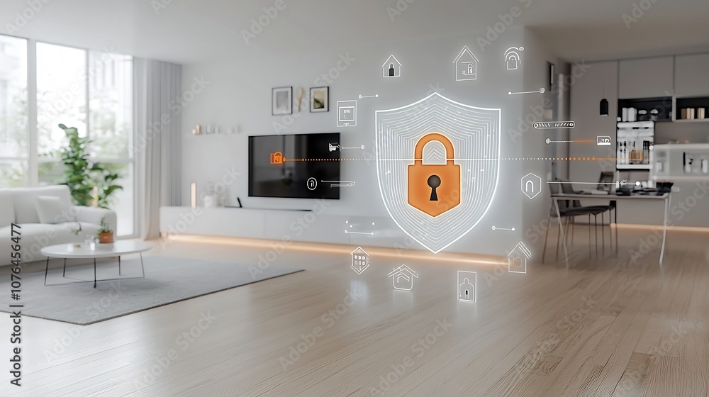 Poster Cutting Edge Smart Home Security with Digital Shield and Padlock Icons Representing Advanced Privacy and Protection in Modern Automated Household