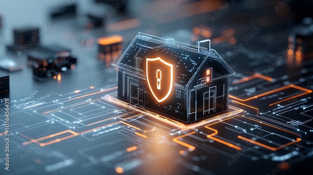 Poster Futuristic smart home with glowing lock and shield overlay showcasing the concept of a fully protected technologically advanced and automated residential space