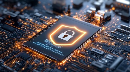 Secure and technologically advanced smart home with a glowing lock and shield icon overlay highlighting the robust digital protection and safety features of this futuristic residence