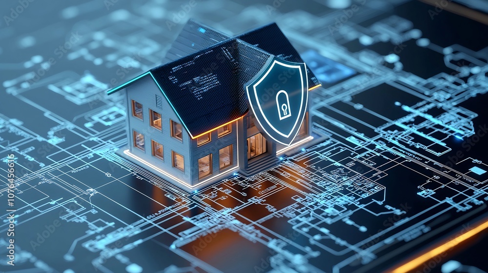 Poster Futuristic Smart Home with Glowing Digital Lock and Protective Shield Overlay Concept Representing a Fully Automated and Secure Residence of the Future
