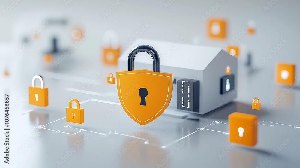 Poster secure smart home technology symbolized by bright padlock and shield icon on contemporary background