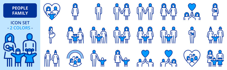 Icons in two colors about people, types of family structures