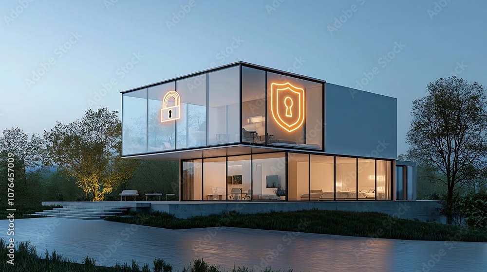 Poster superimposed glowing padlock and shield icon over a modern home representing the advanced digital se