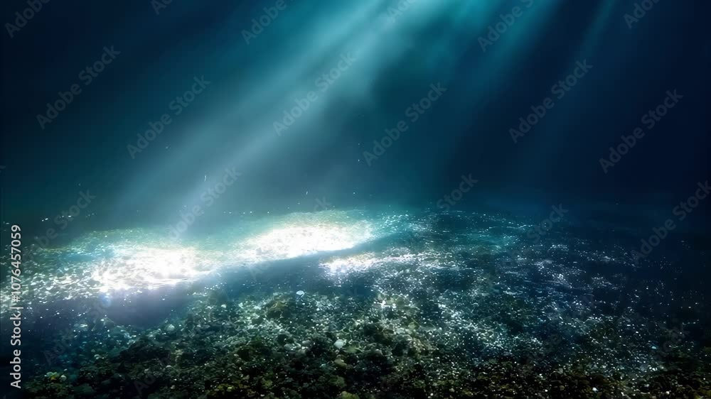 Poster a serene underwater scene illuminated by rays of light filtering through the surface, creating a mys