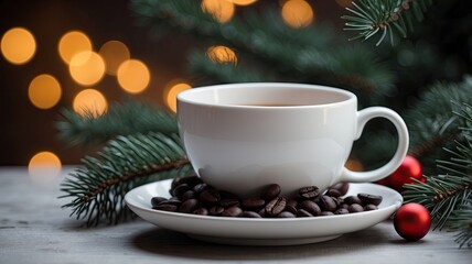 white ceramic cup with black coffee chrismas decoration