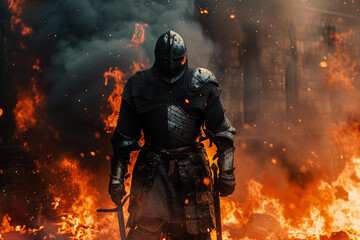 Naklejka premium Fantastic royal knight in iron armor guards castle chambers