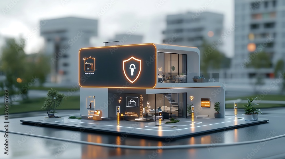 Poster contemporary smart home design featuring a bright digital shield and lock overlay emphasizing advanc