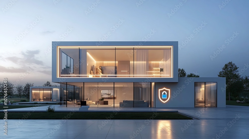 Poster Secure and Private Contemporary Smart Home with Bright Digital Lock and Shield Overlay Emphasizing Advanced Home Automation and Intelligent Security Systems