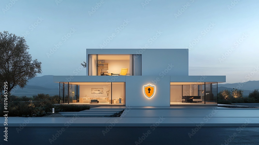 Fototapete secure and private contemporary smart home with bright shield overlay emphasizing advanced technolog