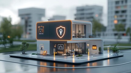 Contemporary smart home design featuring a bright digital shield and lock overlay emphasizing advanced security and privacy features for a safe and automated residential living space