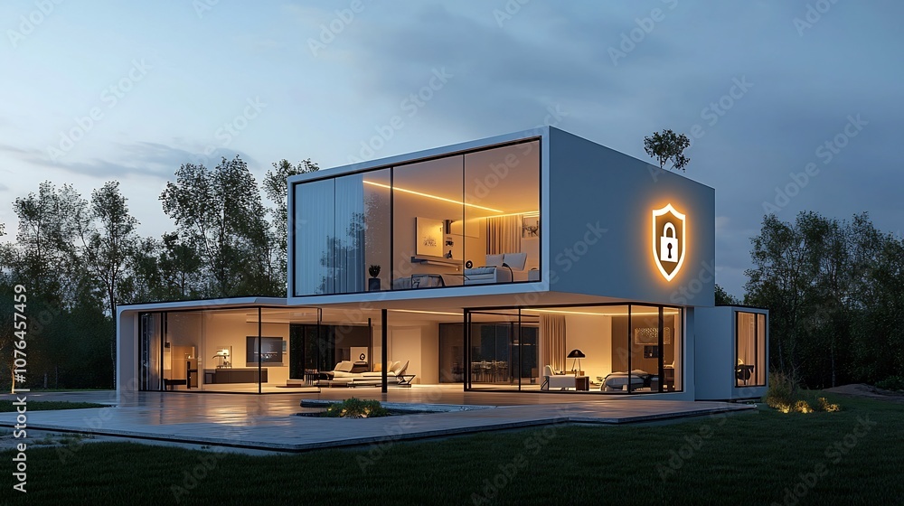 Poster Striking image of a contemporary home design featuring a glowing padlock and shield icon superimposed highlighting the of reliable security and protection technology within the architecture