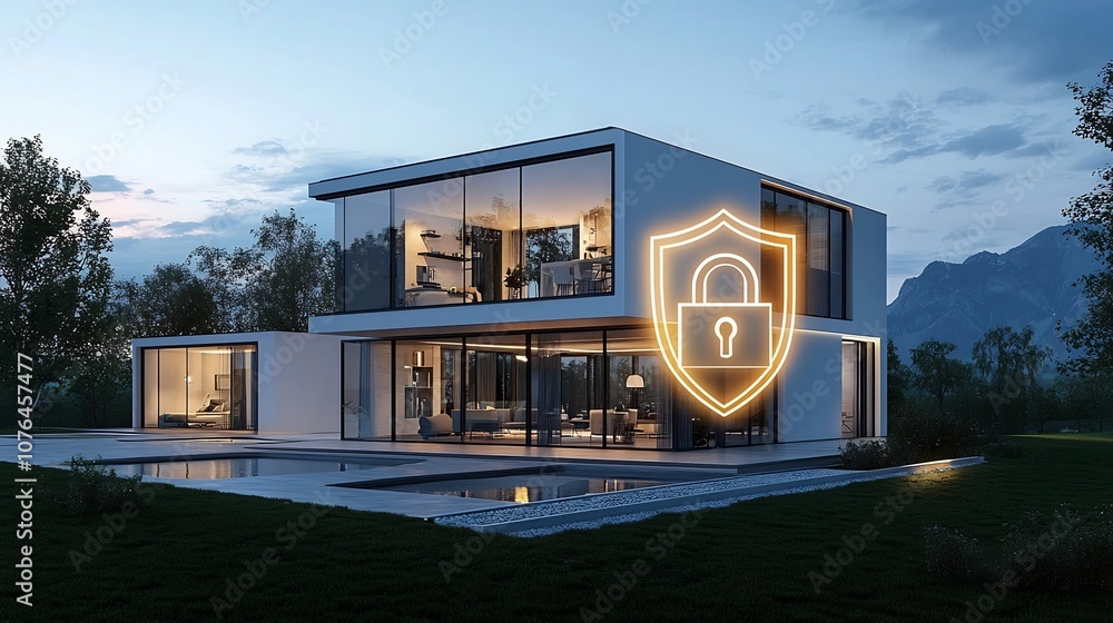 Poster Rendering of a modern home with glowing padlock and shield icons superimposed highlighting the concept of reliable security and protection technology for smart homes and digital systems