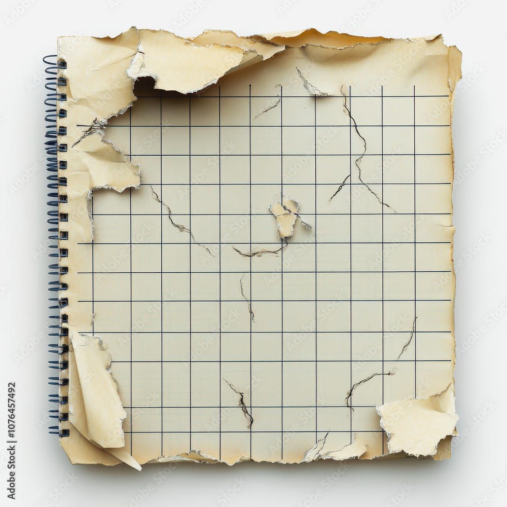 Poster worn and torn spiral notebook page with grid pattern exposed showing texture and details of old pape