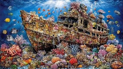 A Sunken Ship Covered in Corals and Fish