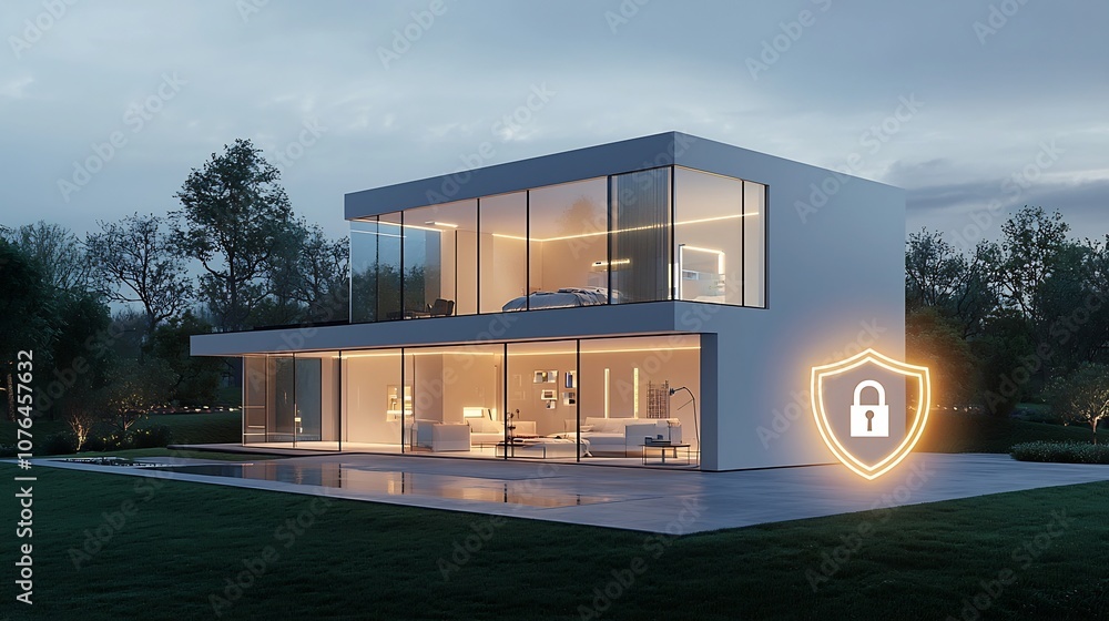 Fototapete Secure and Technologically Advanced Modern Home with Glowing Shield and Padlock Icons Overlay Highlighting Reliable Digital Protection and Safety Features
