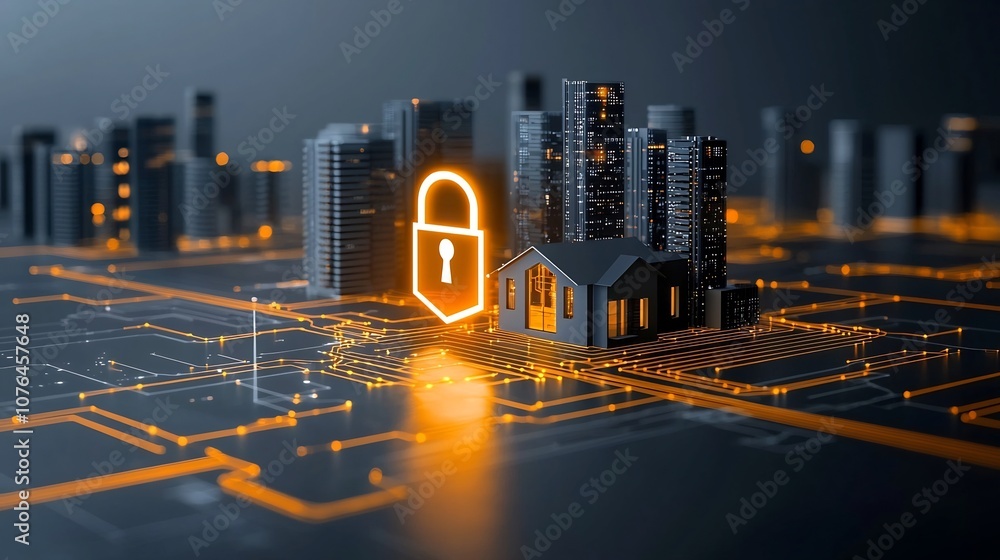 Poster Secure and Protected Digital Smart Home Environment Represented by Glowing Lock and Shield Symbol
