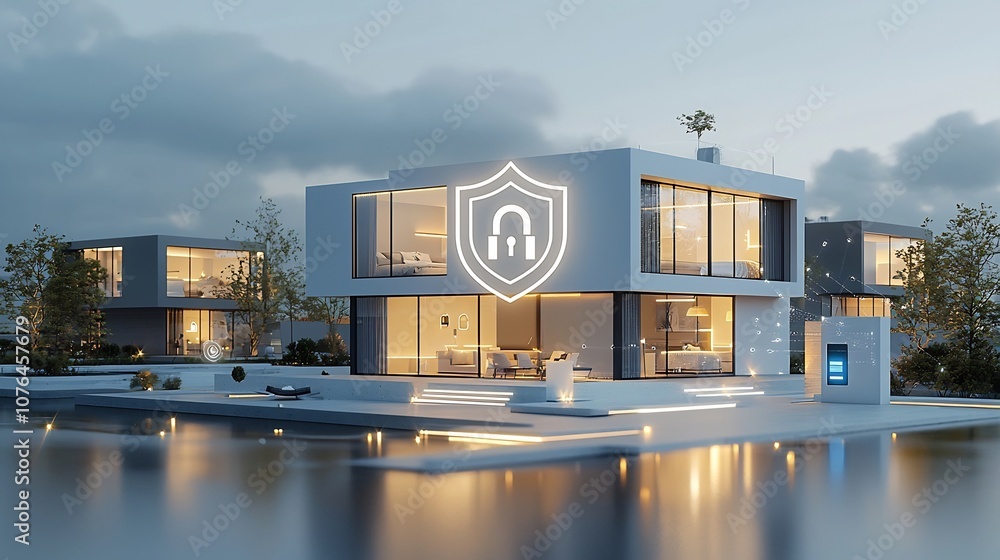 Poster Glowing Lock and Shield Symbol Representing Secure and Protected Digital Home Environment with Smart Home Automation Cybersecurity and Internet of Things Technology