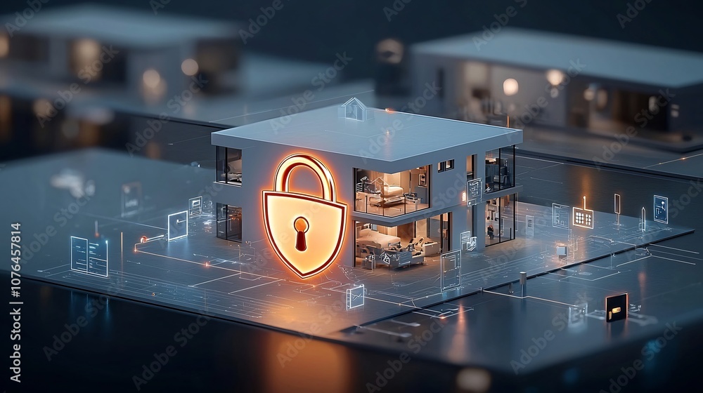 Aufkleber Glowing padlock and shield icon hovering over a smart home representing the trusted and advanced protection of digital security systems and connected devices