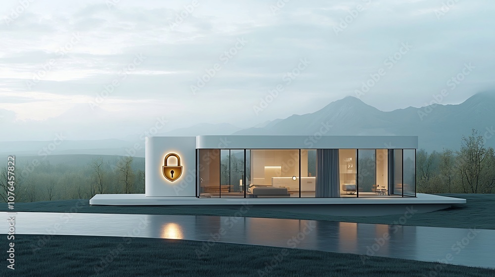 Poster Iconic glowing padlock and shield hovering over a smart home representing advanced and trusted digital protection and security for the modern connected residence