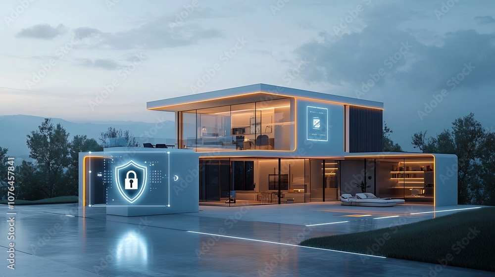 Poster Futuristic high tech smart home with a bright shield and lock icon overlay representing comprehensive digital protection and security for a modern connected residence