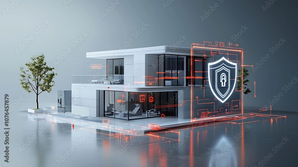 Poster futuristic smart home with a bright digital shield and lock icon overlay representing comprehensive 