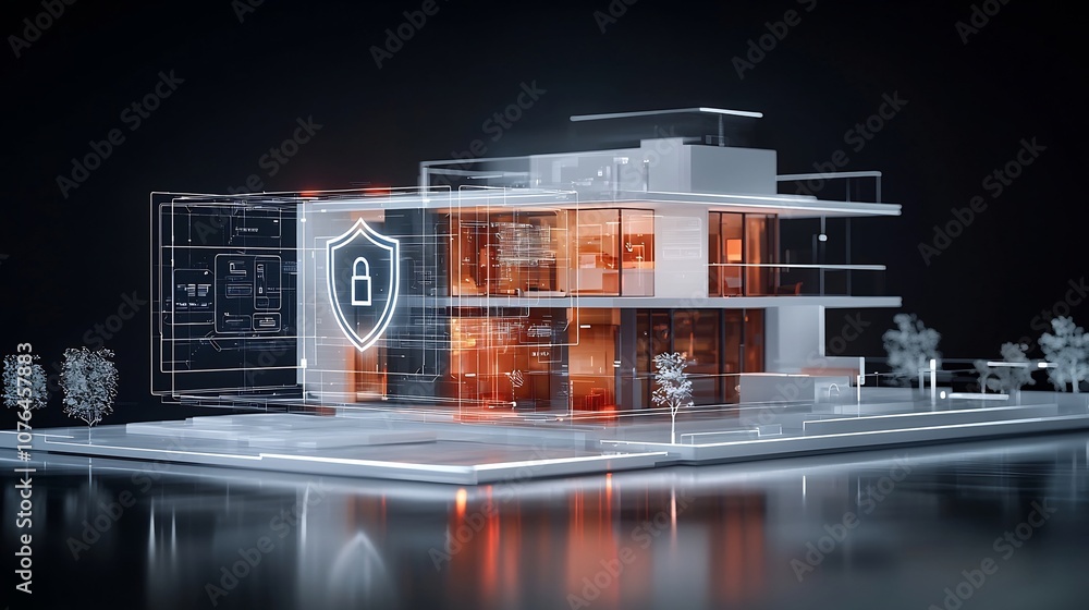 Poster Futuristic smart home interior design with bright shield and lock icons overlaying the architecture representing advanced digital protection and security features for a modern connected residence