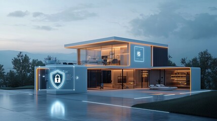 Futuristic high tech smart home with a bright shield and lock icon overlay representing comprehensive digital protection and security for a modern connected residence