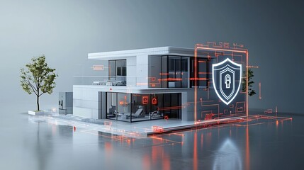Futuristic smart home with a bright digital shield and lock icon overlay representing comprehensive protection and security for a modern intelligent residence of the future