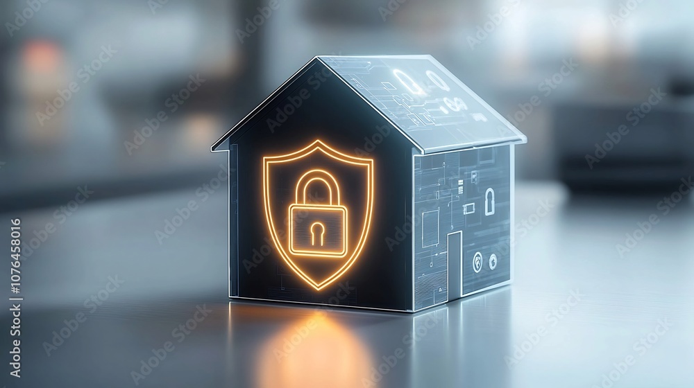 Poster cutting edge smart home design featuring a glowing padlock and shield icon symbolizing the latest in