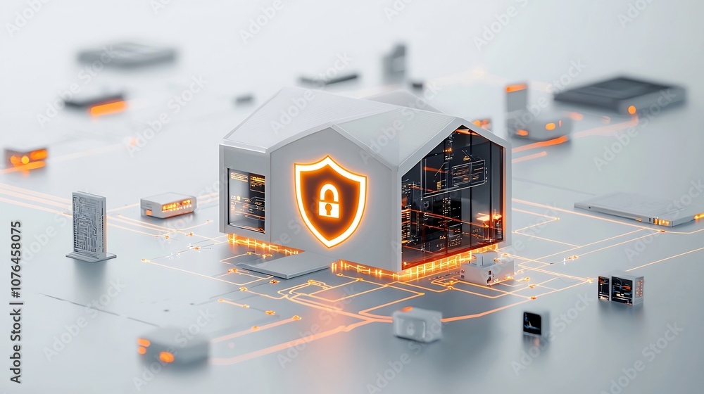 Poster Cutting edge Smart Home Design with Glowing Padlock and Shield Icons Symbolizing Robust Digital Security and Protection Technologies for the Connected Lifestyle of the Future