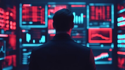 Business professional in a digital landscape, analyzing graphs on floating screens, sleek futuristic environment, data analysis, interface