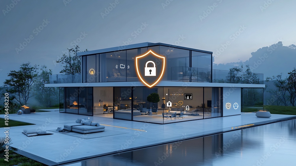 Fototapete Secure and Technologically Advanced Smart Home Residence Featuring a Bright Shield and Lock Icon Overlay Highlighting the Sophisticated Security Features and Automation Capabilities