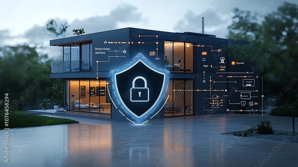 Poster Secure and modern smart home residence showcasing a bright shield and lock icon overlay depicting advanced digital security features and technology for enhanced protection and safety