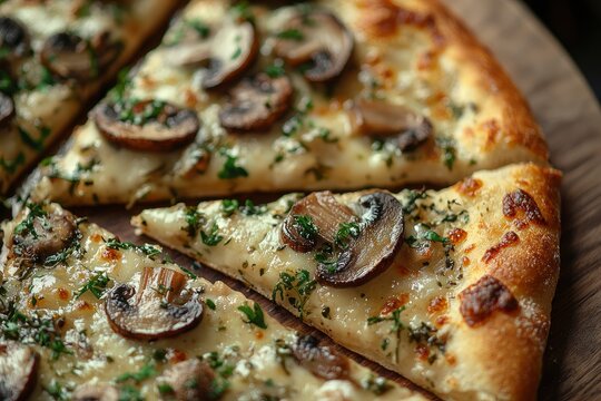 mushroom pizza on dark background. health-conscious alternative with sustainable, environmentally friendly ingredients.