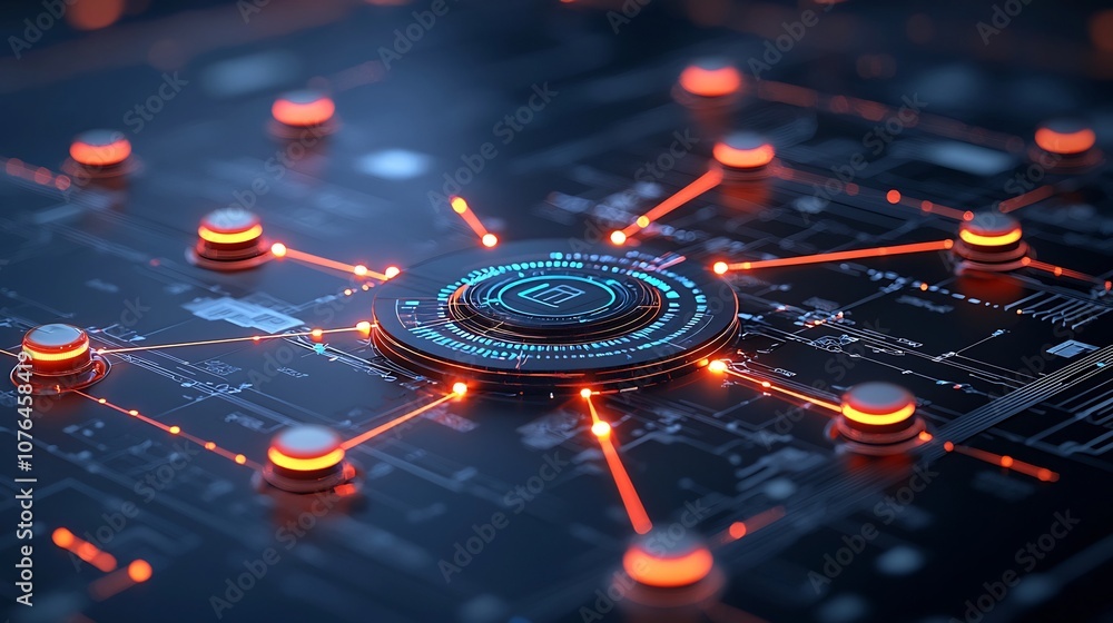 Poster Interconnected Digital Landscape with Glowing Data Streams and Light Lines Forming a Futuristic Web of Information and Communication