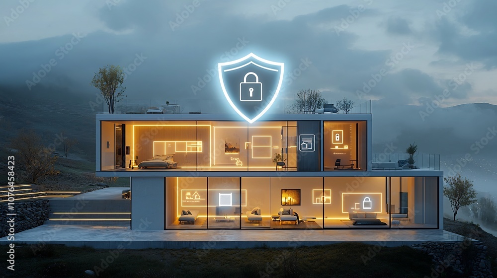 Fototapete Secure and Fortified Residence with a Bright Shield and Lock Icon Overlay Displaying Advanced Smart Home Security Features for Safeguarding Property and Enhancing Safety
