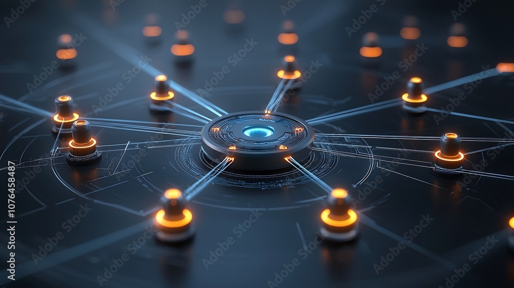 Aufkleber Futuristic digital connectivity concept with interconnected data streams and glowing light lines forming a web of information in a high tech modern environment