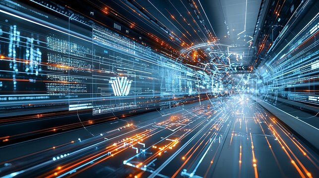 Holographic digital interface displaying dynamic data exchange and network connections with vibrant light trails illustrating the flow of digital information and interconnectivity