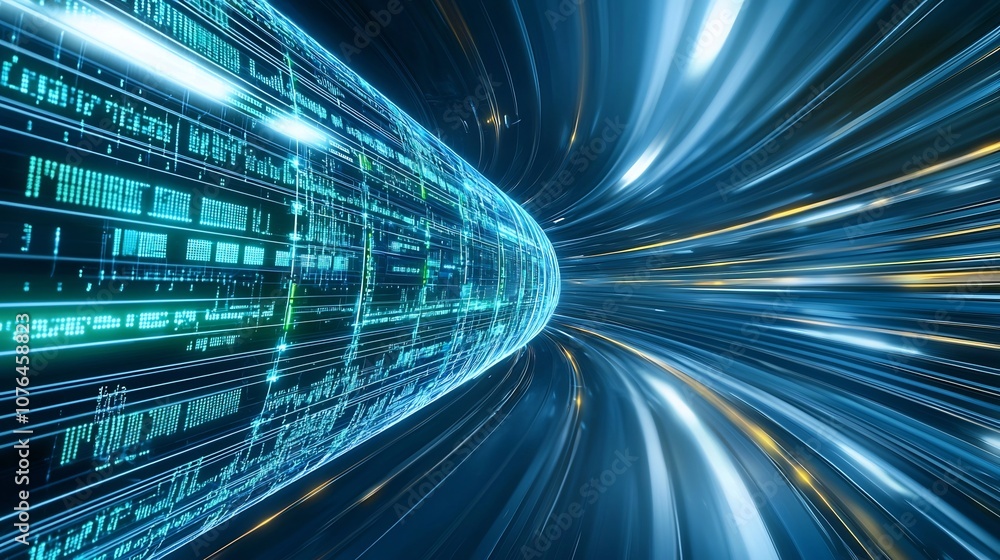 Aufkleber Abstract image of glowing blue and green light trails representing digital data links and connections in a dynamic futuristic and technology driven space