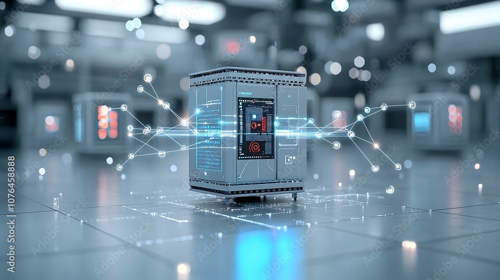 Poster Holographic data flow and light lines connecting devices in mid air symbolizing advanced digital connectivity and of future technology systems