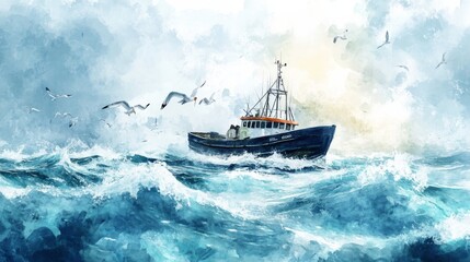 Seascape with a fishing boat and seagulls, painted in watercolor style. 